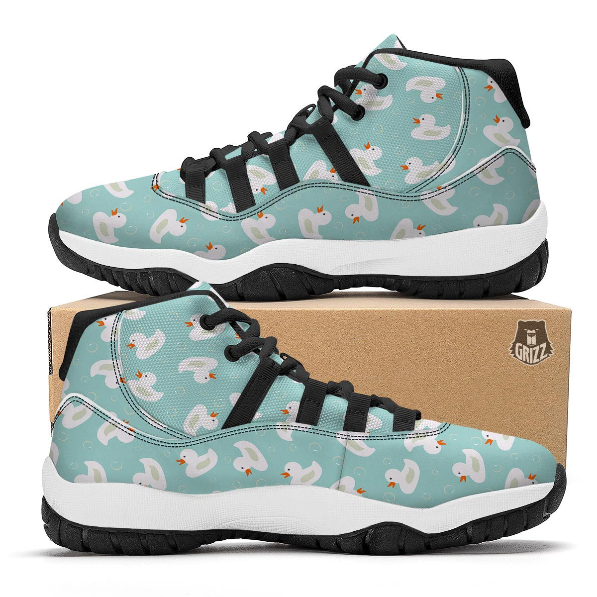 White Rubber Duck Pattern Print Black Bball Shoes-grizzshop