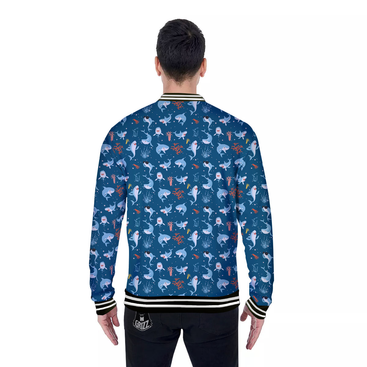 White Shark Cartoon Print Pattern Baseball Jacket-grizzshop
