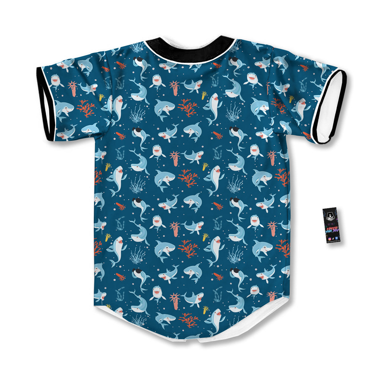 White Shark Cartoon Print Pattern Baseball Jersey-grizzshop