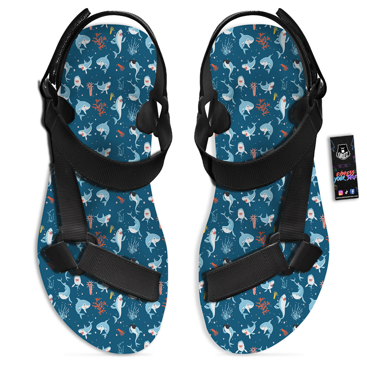 White Shark Cartoon Print Pattern Black Open Toe Sandals-grizzshop