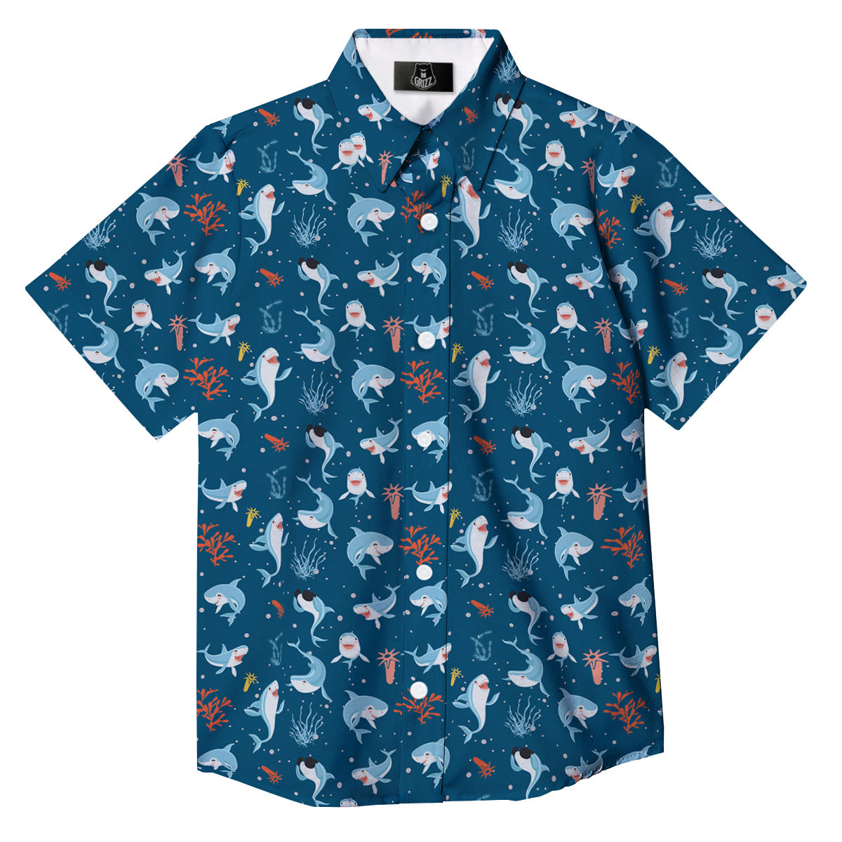 White Shark Cartoon Print Pattern Button Up Shirt-grizzshop