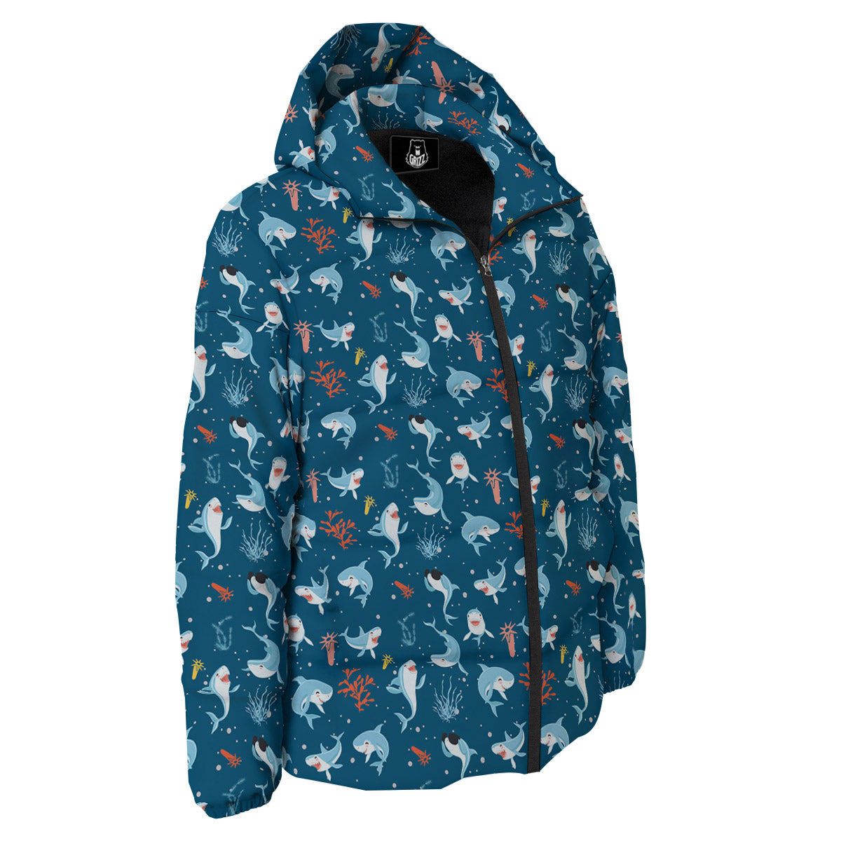 White Shark Cartoon Print Pattern Down Jacket-grizzshop