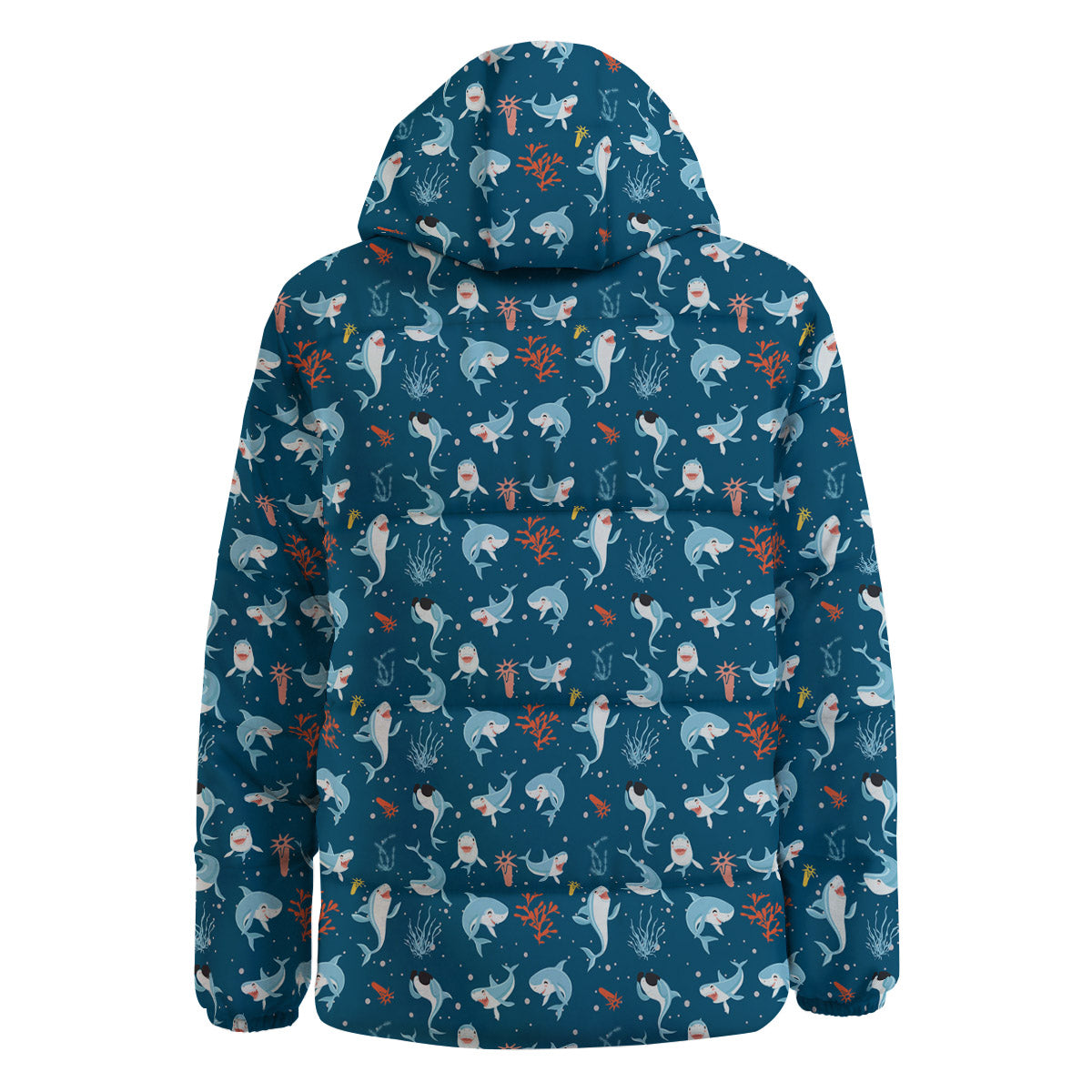 White Shark Cartoon Print Pattern Down Jacket-grizzshop