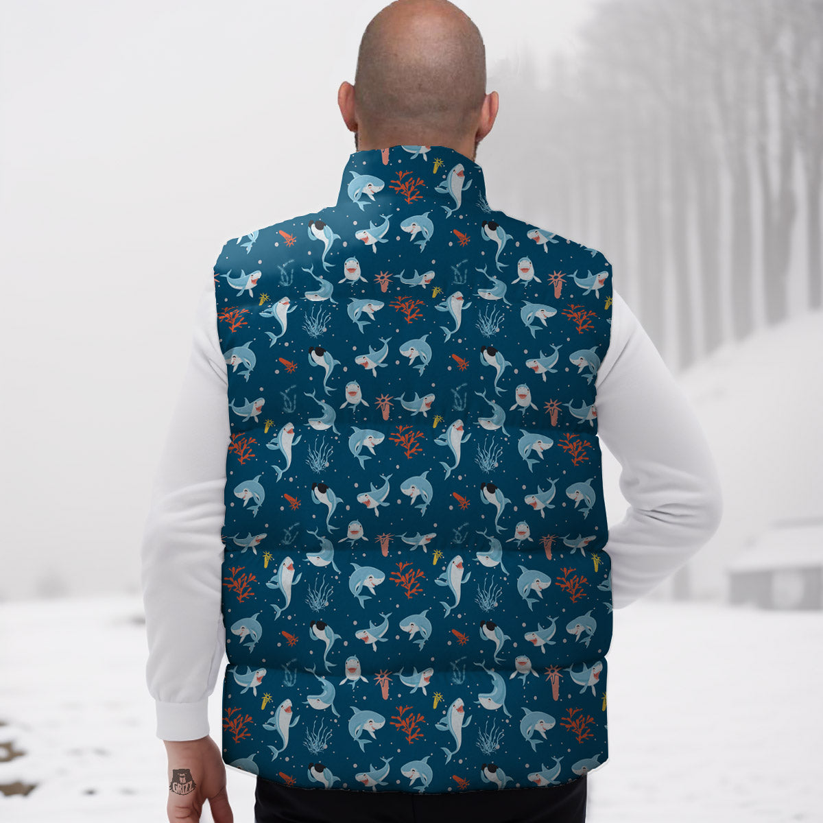 White Shark Cartoon Print Pattern Down Vest-grizzshop