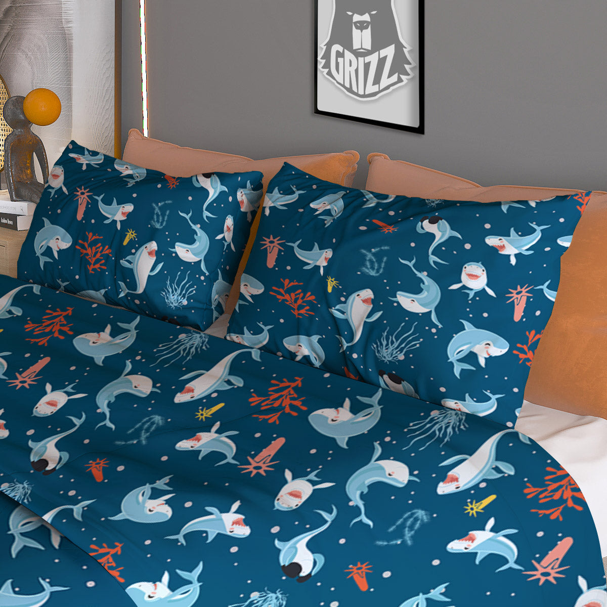 White Shark Cartoon Print Pattern Duvet Cover Bedding Set