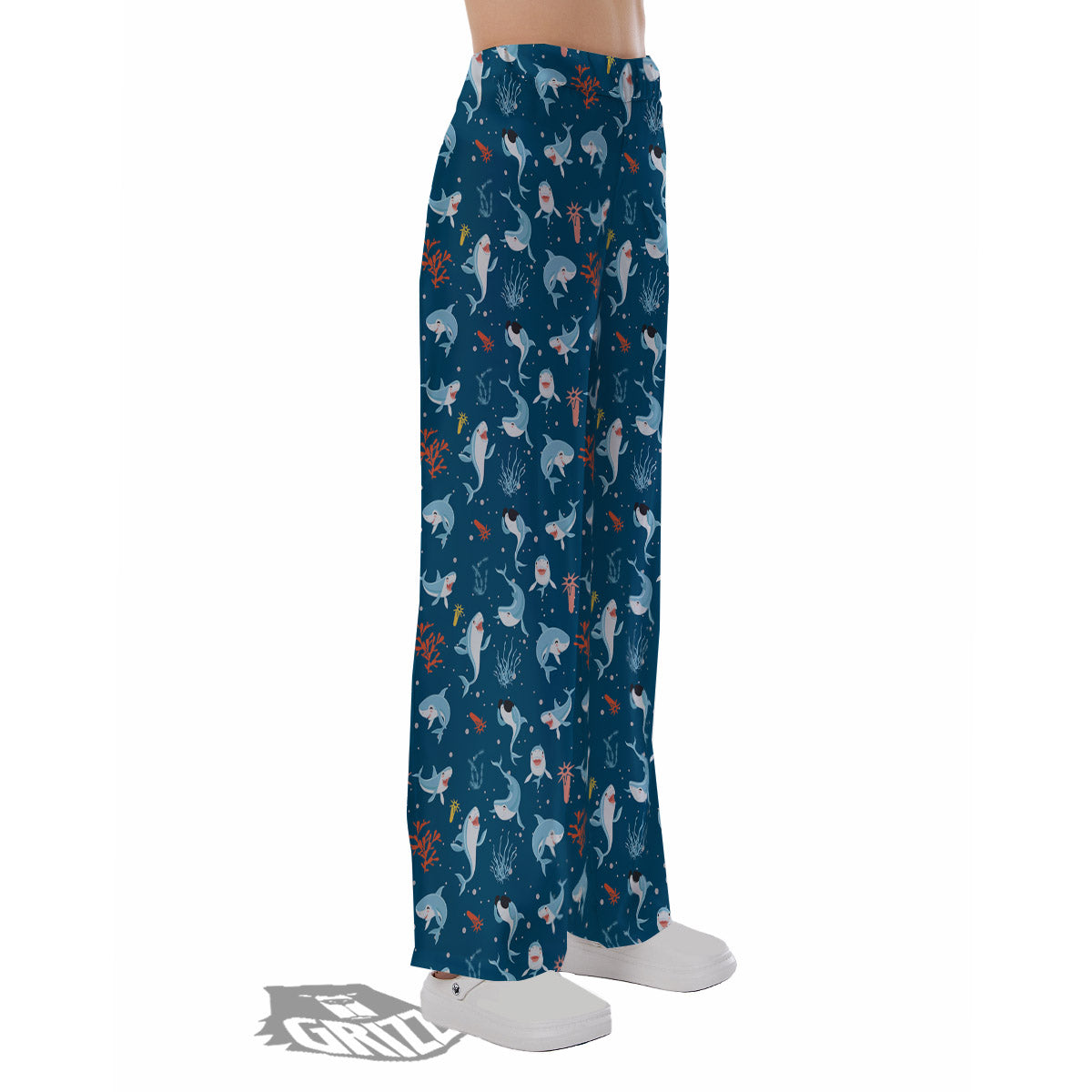 White Shark Cartoon Print Pattern Pajama Pants-grizzshop
