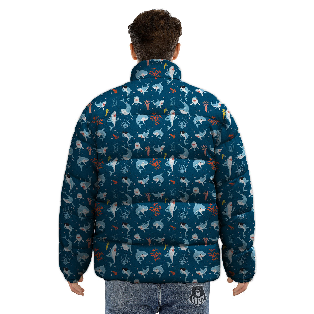 White Shark Cartoon Print Pattern Puffer Jacket-grizzshop