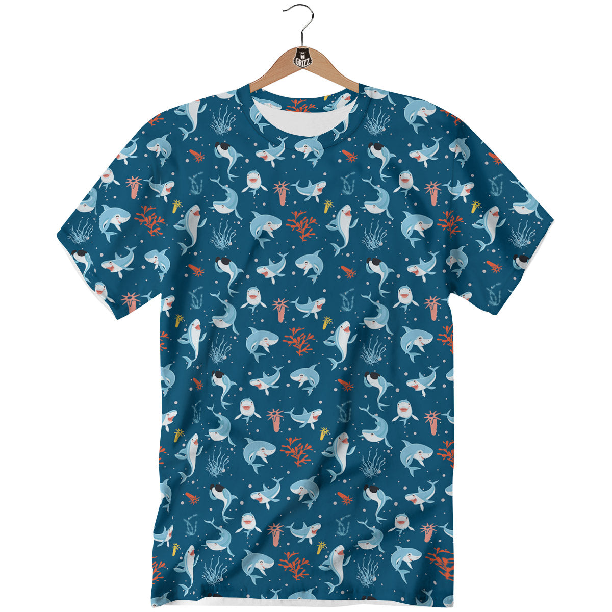 White Shark Cartoon Print Pattern T-Shirt-grizzshop