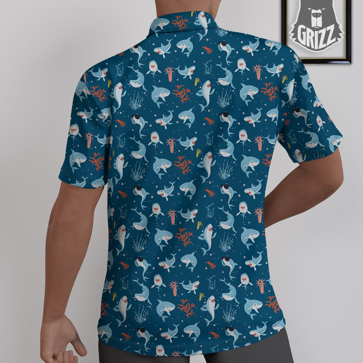 White Shark Cartoon Print Pattern Untucked Shirts-grizzshop
