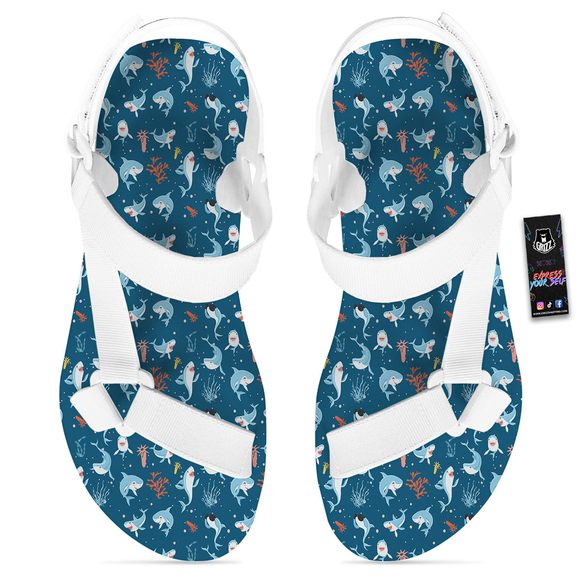White Shark Cartoon Print Pattern White Open Toe Sandals-grizzshop