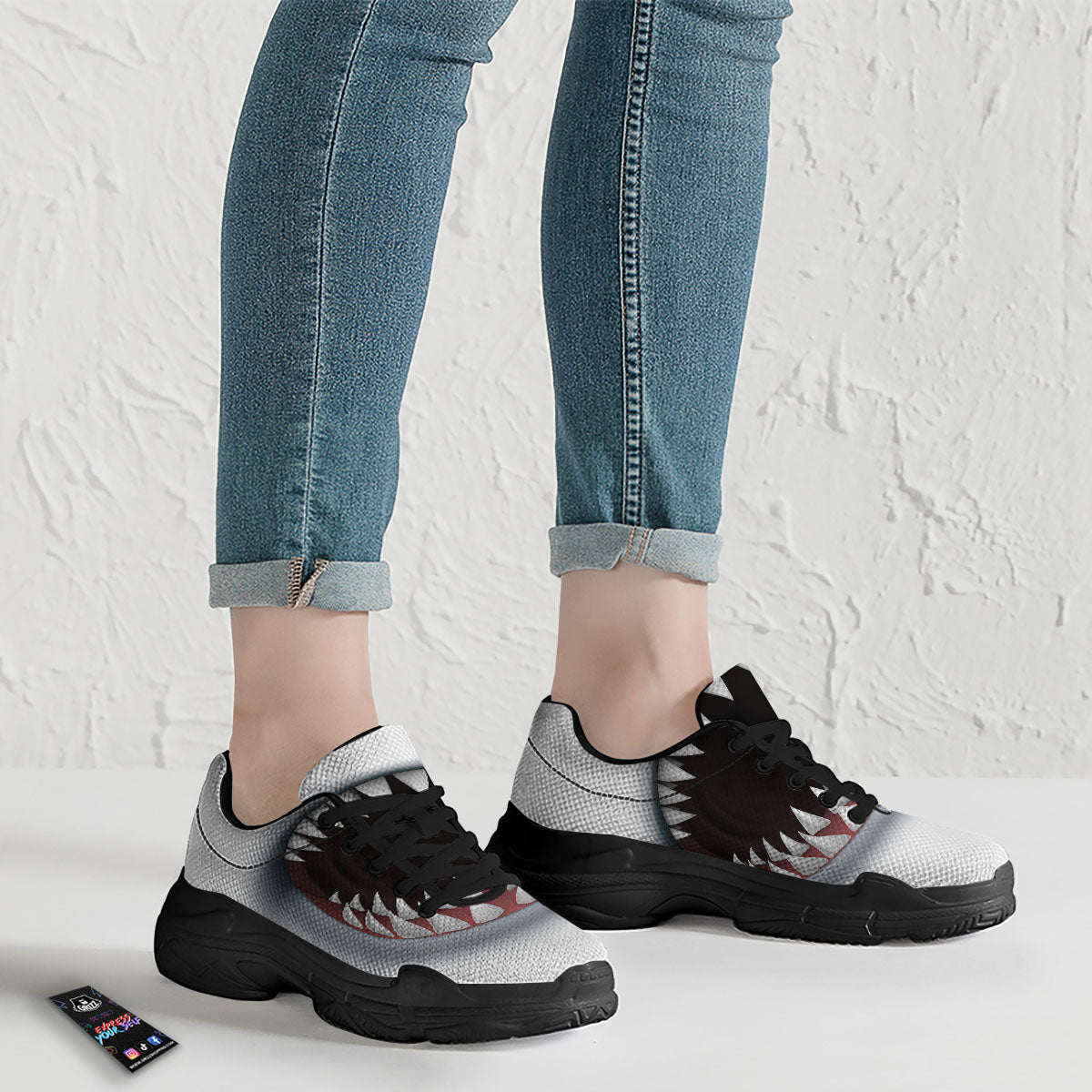 White Shark Open Mouth Print Black Chunky Shoes-grizzshop