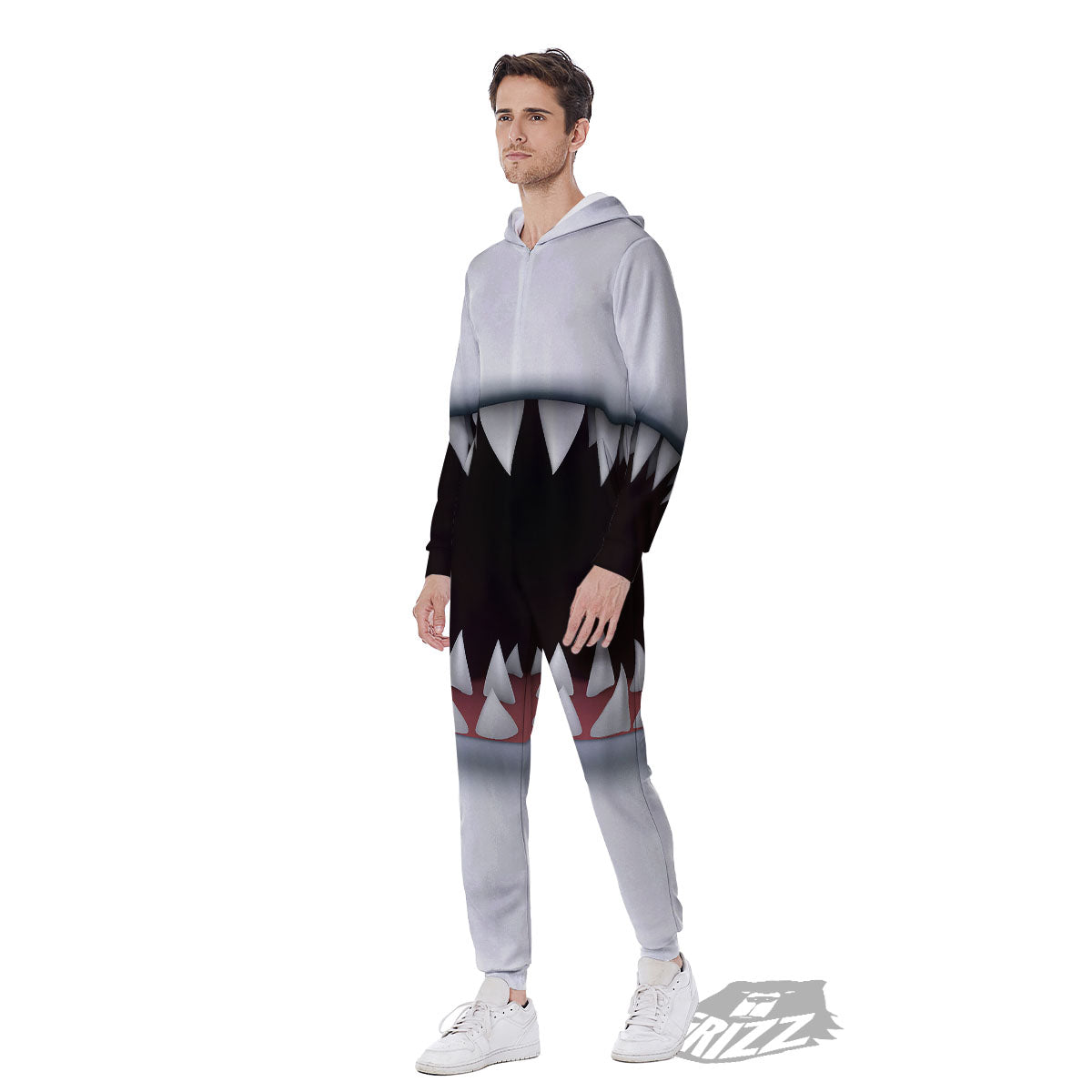 White Shark Open Mouth Print Men's Jumpsuit-grizzshop