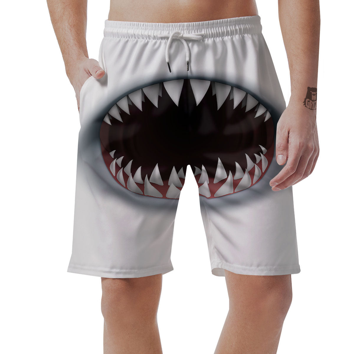 White Shark Open Mouth Print Men's Shorts-grizzshop