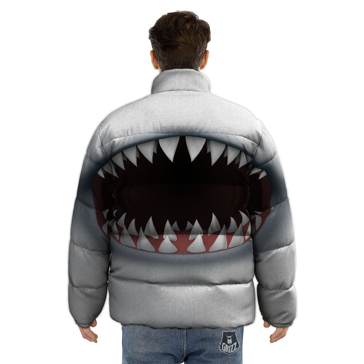 White Shark Open Mouth Print Puffer Jacket-grizzshop