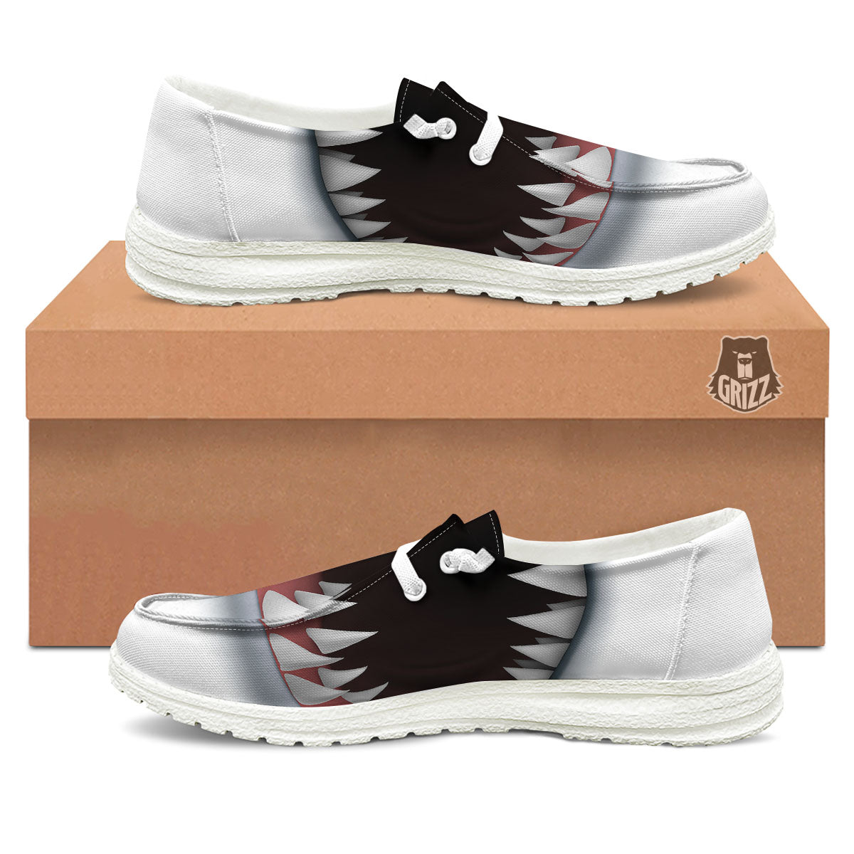 White Shark Open Mouth Print White Loafers-grizzshop