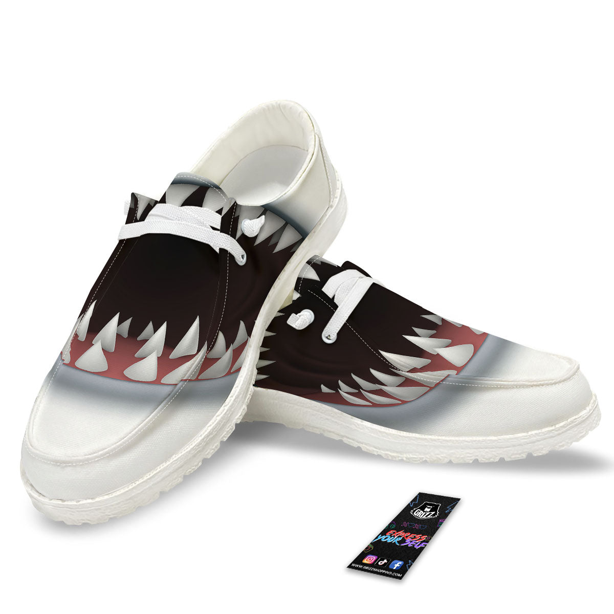 White Shark Open Mouth Print White Loafers-grizzshop