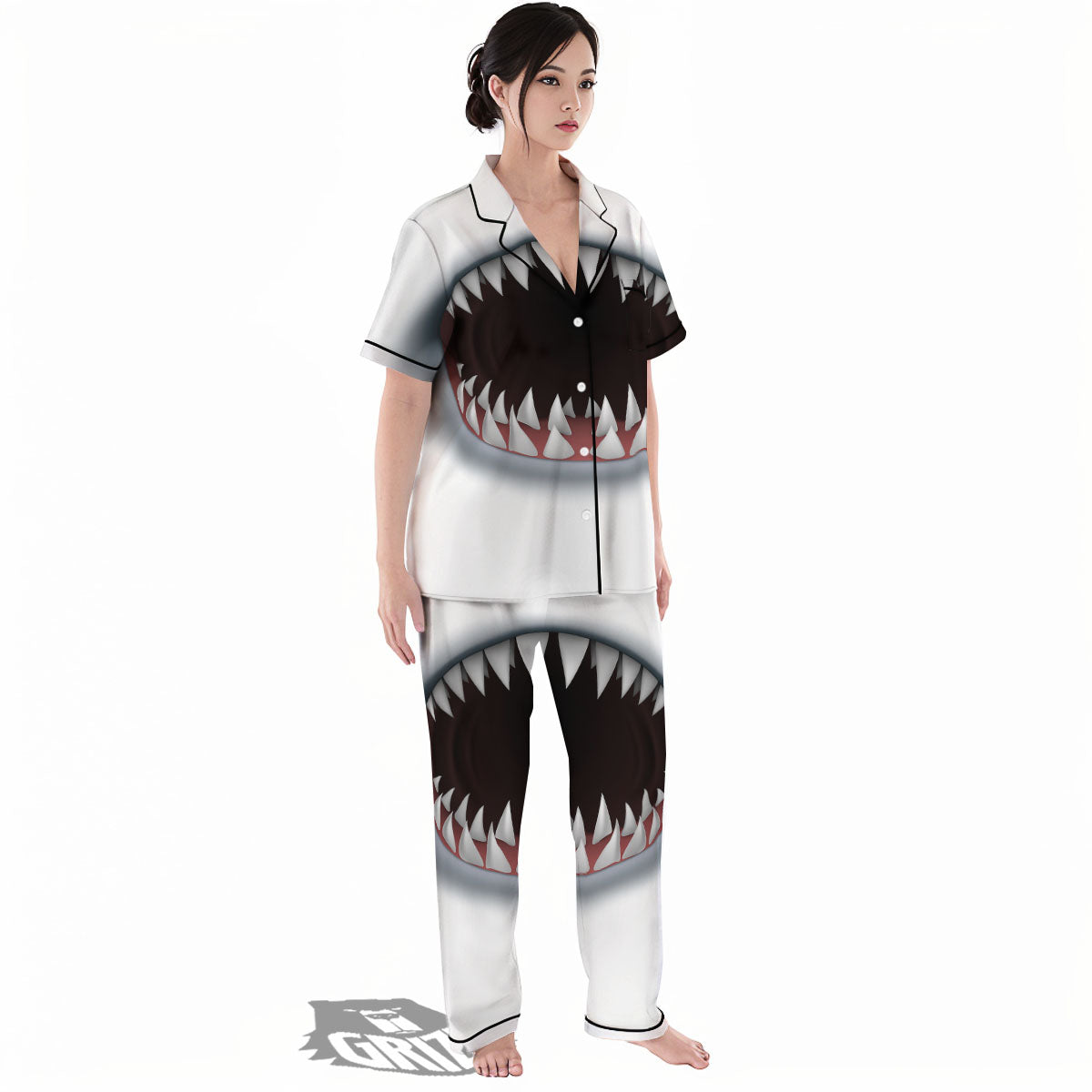 White Shark Open Mouth Print Women's Pajamas Set-grizzshop