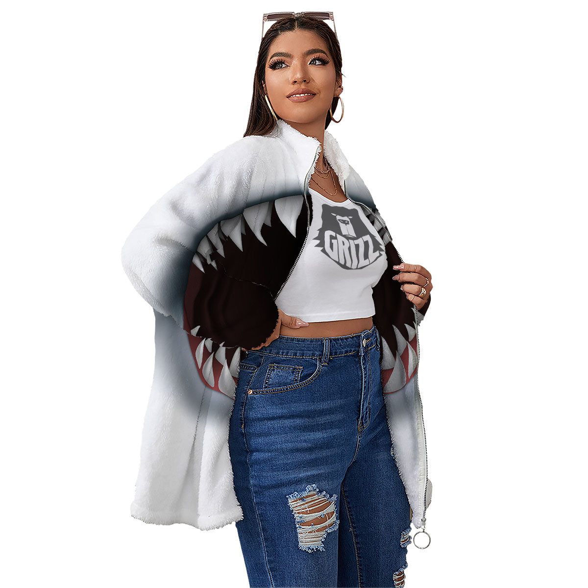 White Shark Open Mouth Print Women's Sherpa Jacket-grizzshop