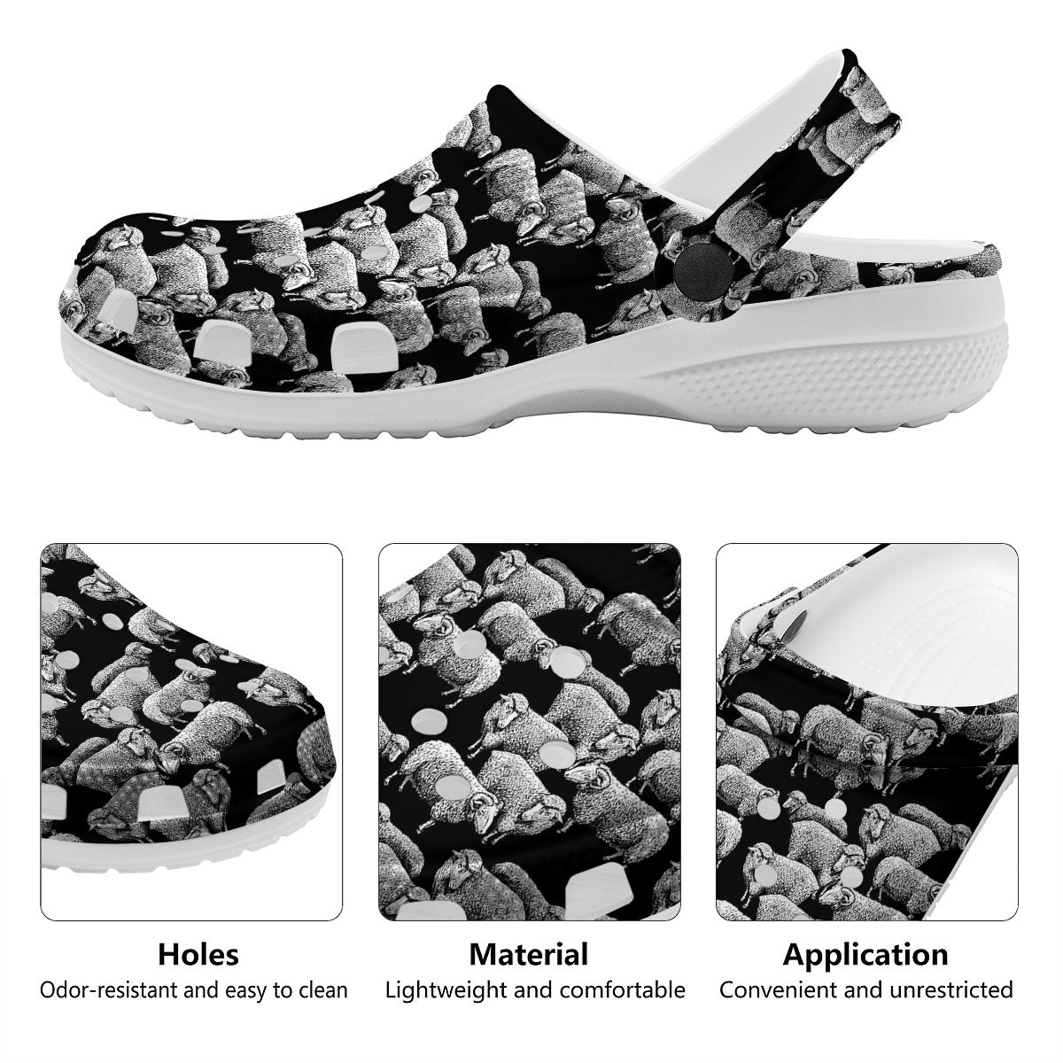 White Sheep And Black Print Pattern Clog-grizzshop