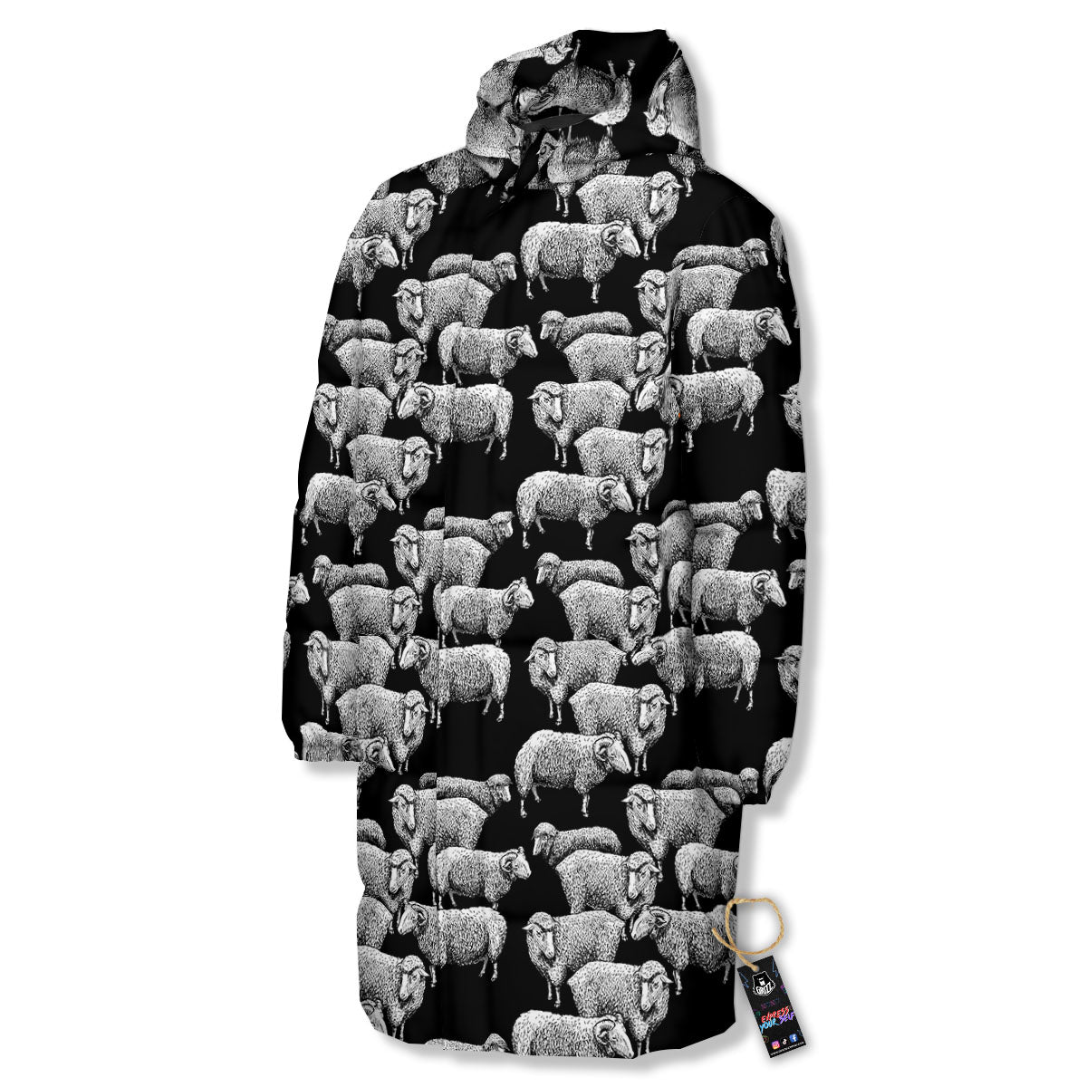White Sheep And Black Print Pattern Long Down Jacket-grizzshop