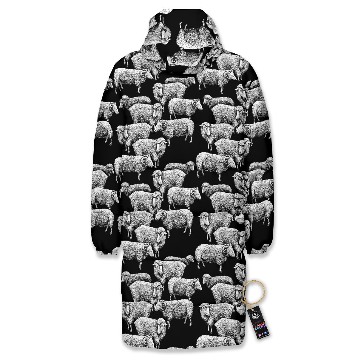 White Sheep And Black Print Pattern Long Down Jacket-grizzshop