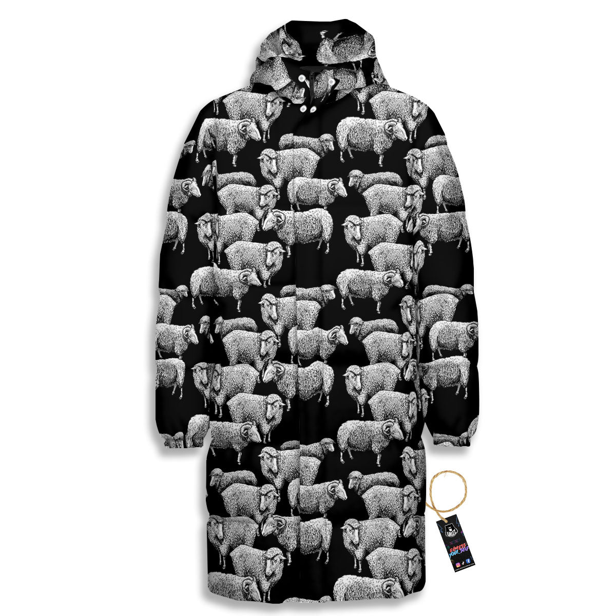 White Sheep And Black Print Pattern Long Down Jacket-grizzshop
