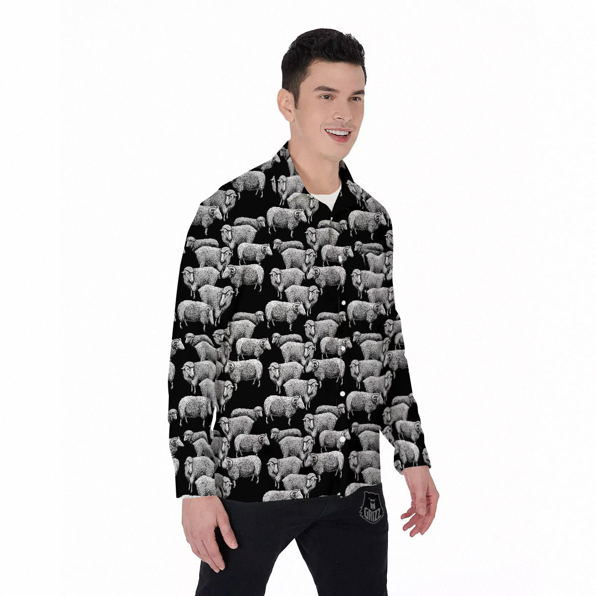 White Sheep And Black Print Pattern Men's Long Sleeve Shirts-grizzshop