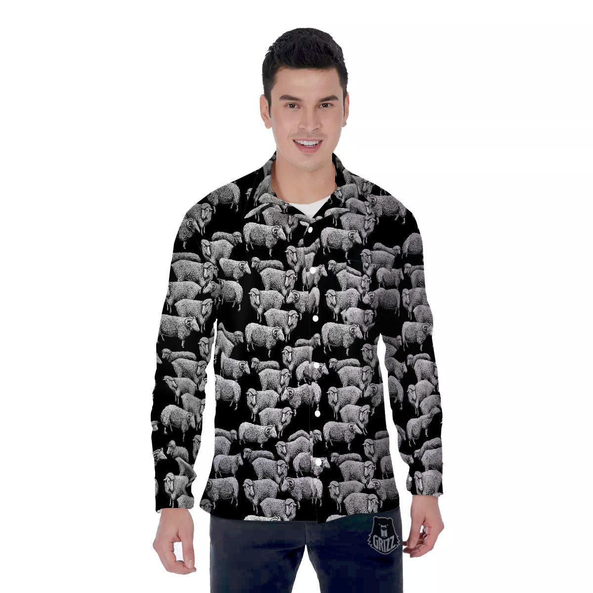 White Sheep And Black Print Pattern Men's Long Sleeve Shirts-grizzshop