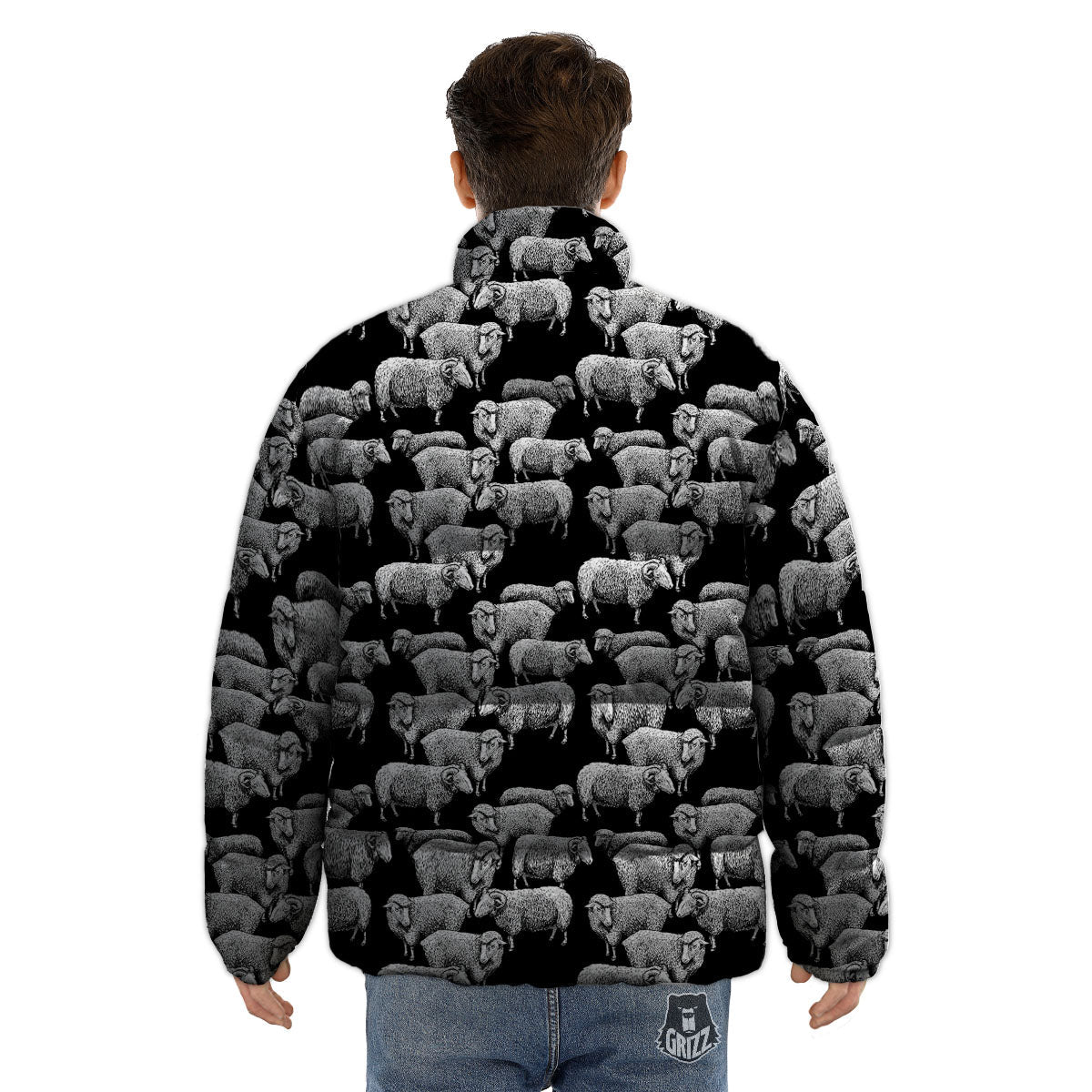 White Sheep And Black Print Pattern Puffer Jacket-grizzshop
