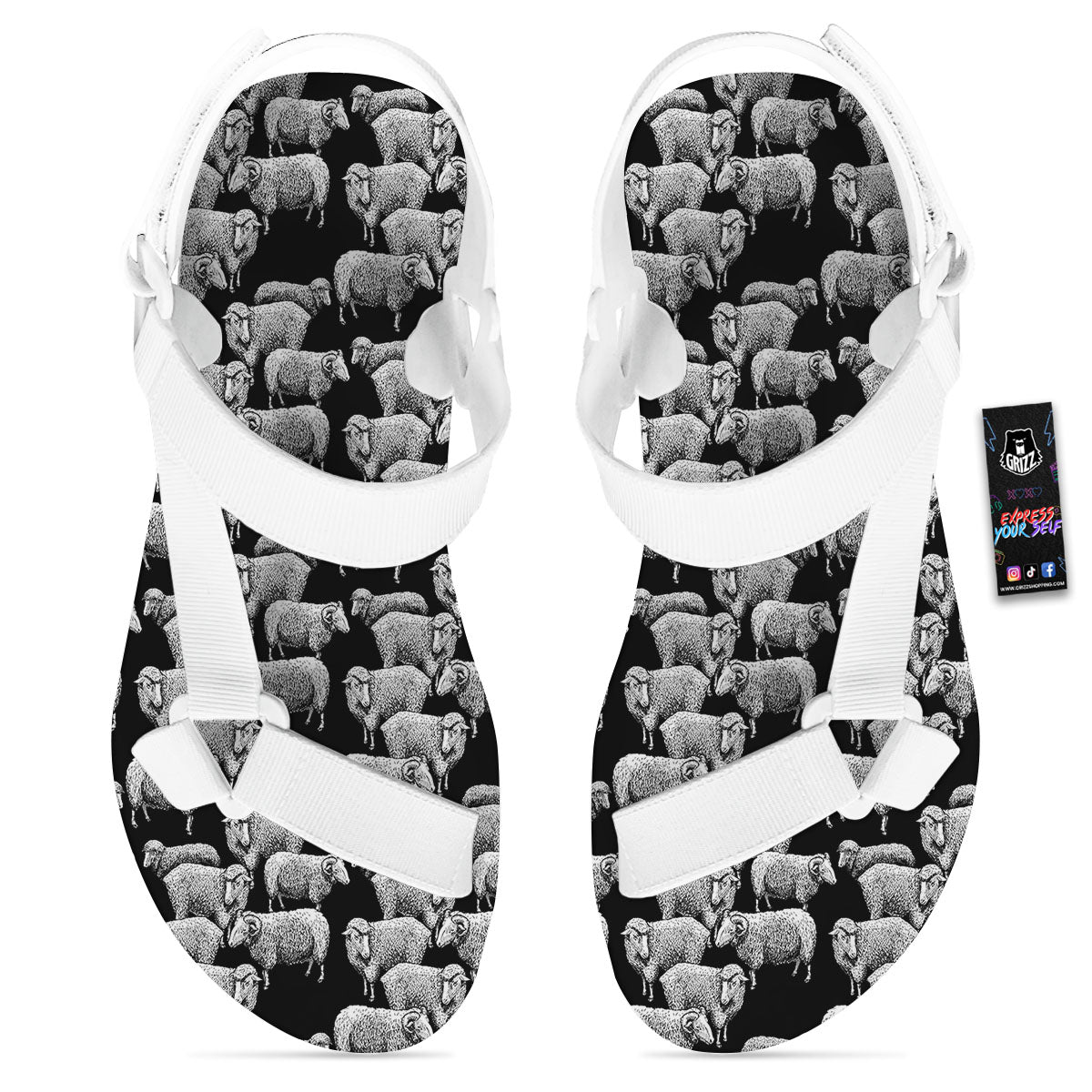White Sheep And Black Print Pattern White Open Toe Sandals-grizzshop