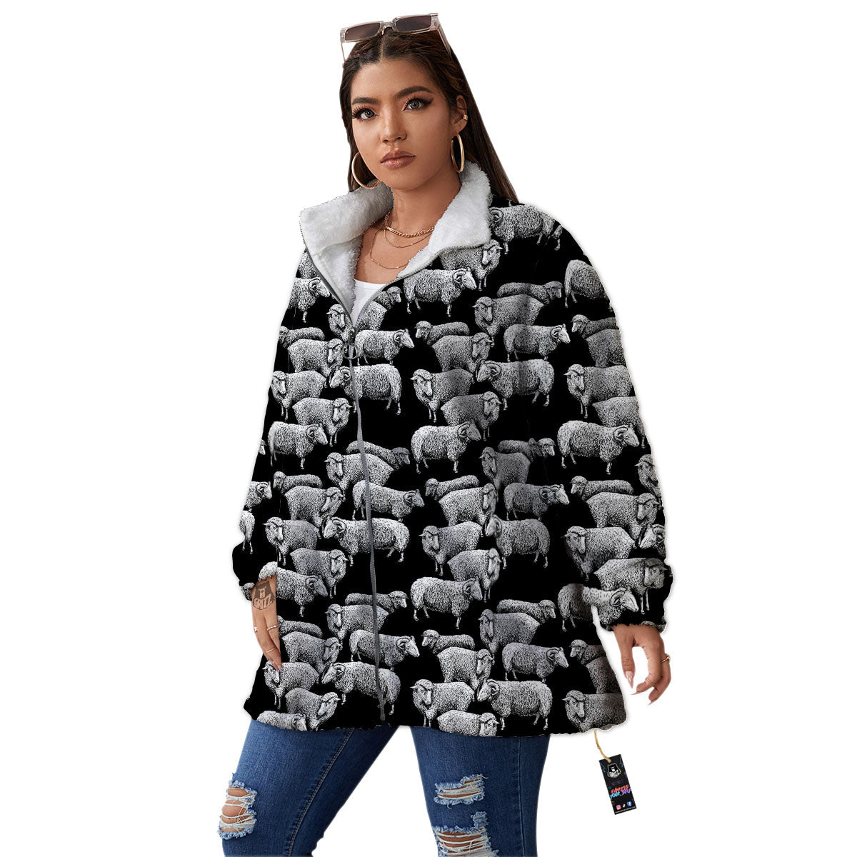 White Sheep And Black Print Pattern Women's Sherpa Jacket-grizzshop