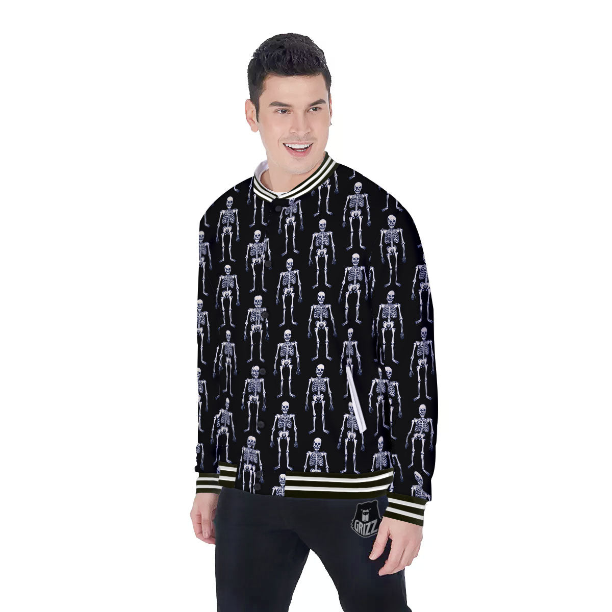 White Skeleton And Black Print Pattern Baseball Jacket-grizzshop