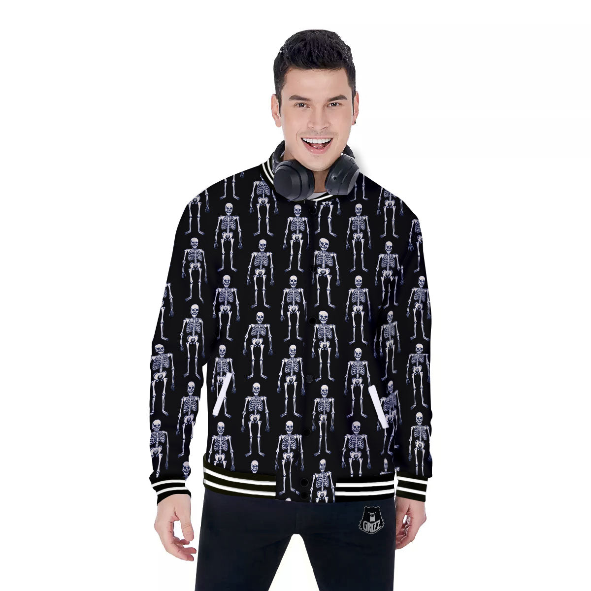 White Skeleton And Black Print Pattern Baseball Jacket-grizzshop