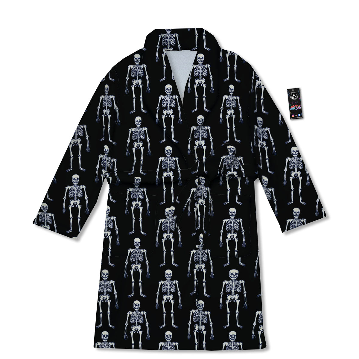 White Skeleton And Black Print Pattern Bathrobe-grizzshop