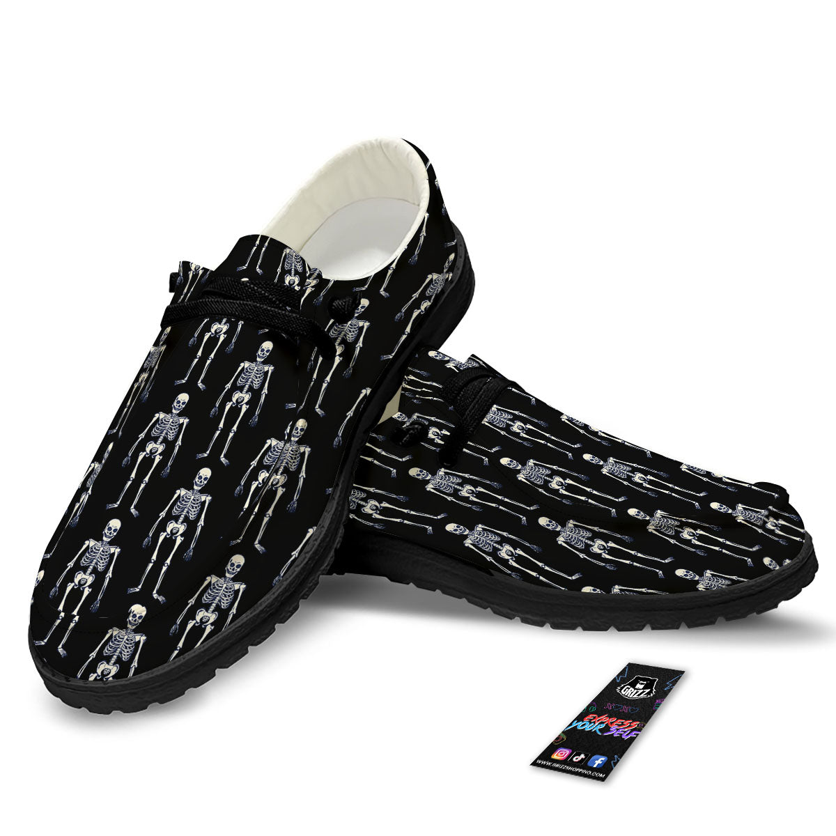 White Skeleton And Black Print Pattern Black Loafers-grizzshop