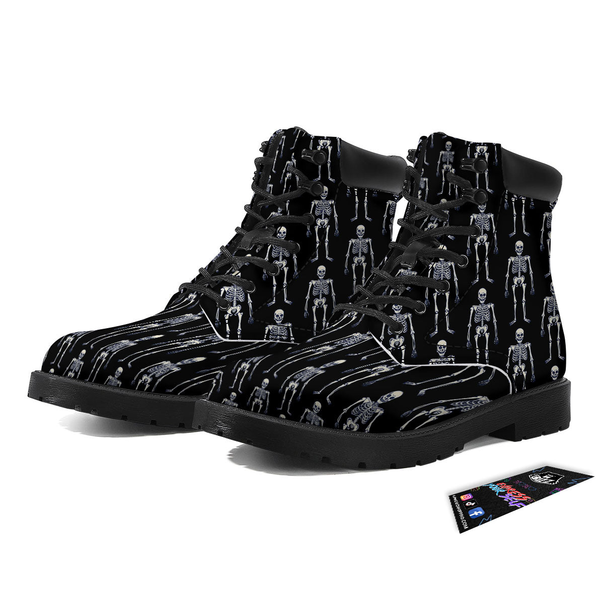 White Skeleton And Black Print Pattern Boots-grizzshop