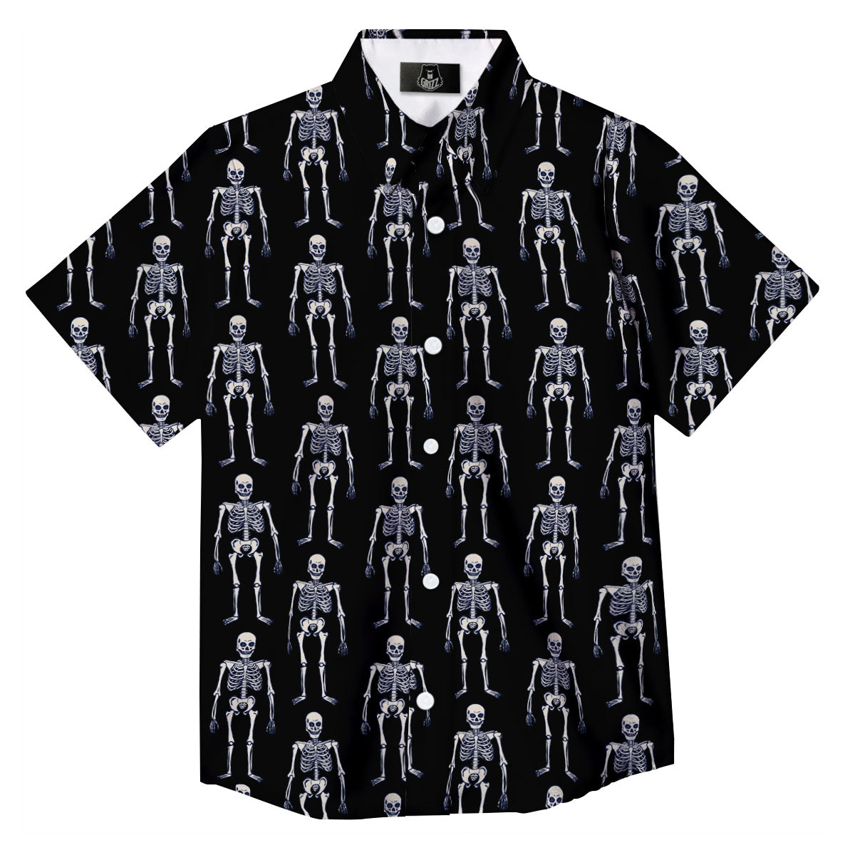 White Skeleton And Black Print Pattern Button Up Shirt-grizzshop