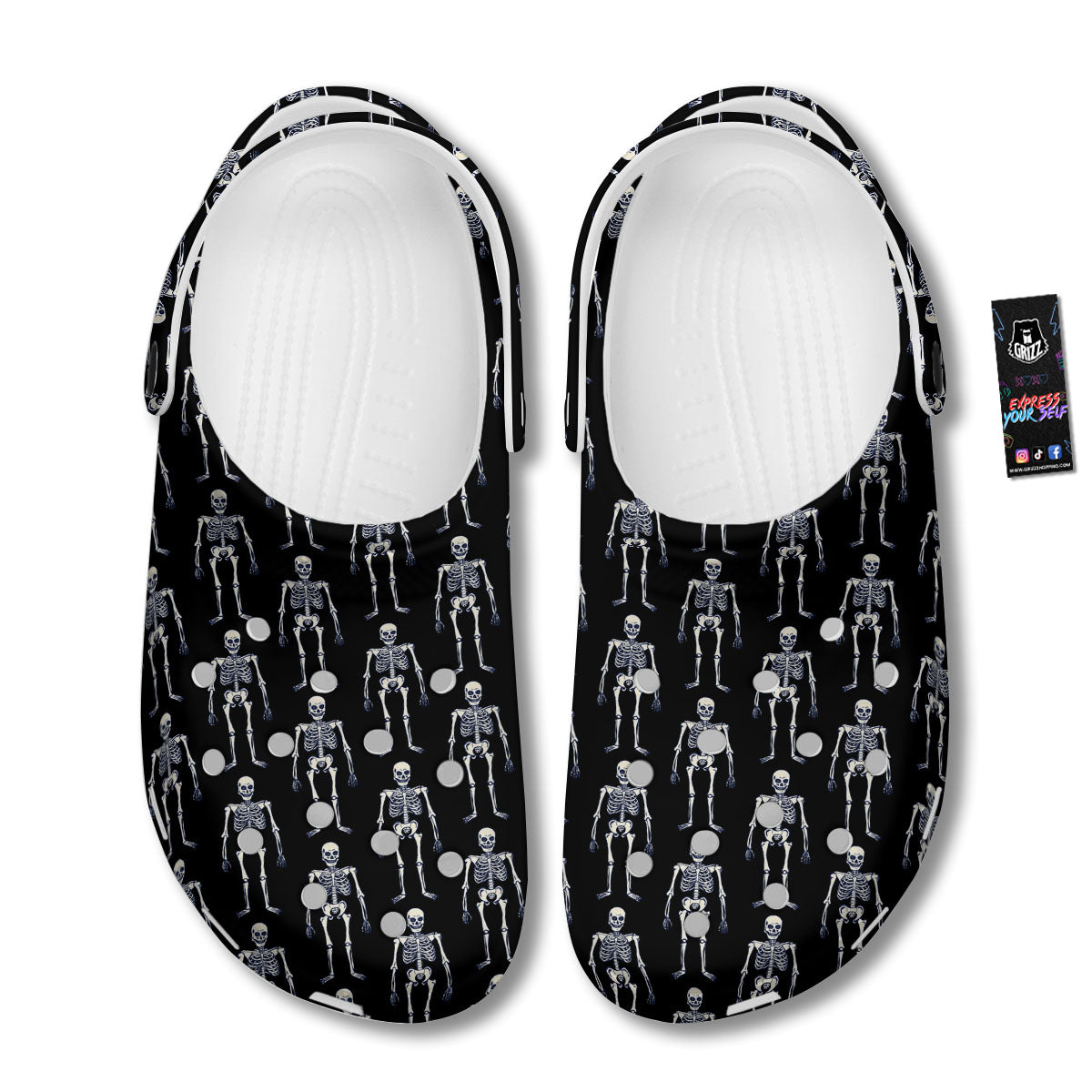 White Skeleton And Black Print Pattern Clog-grizzshop