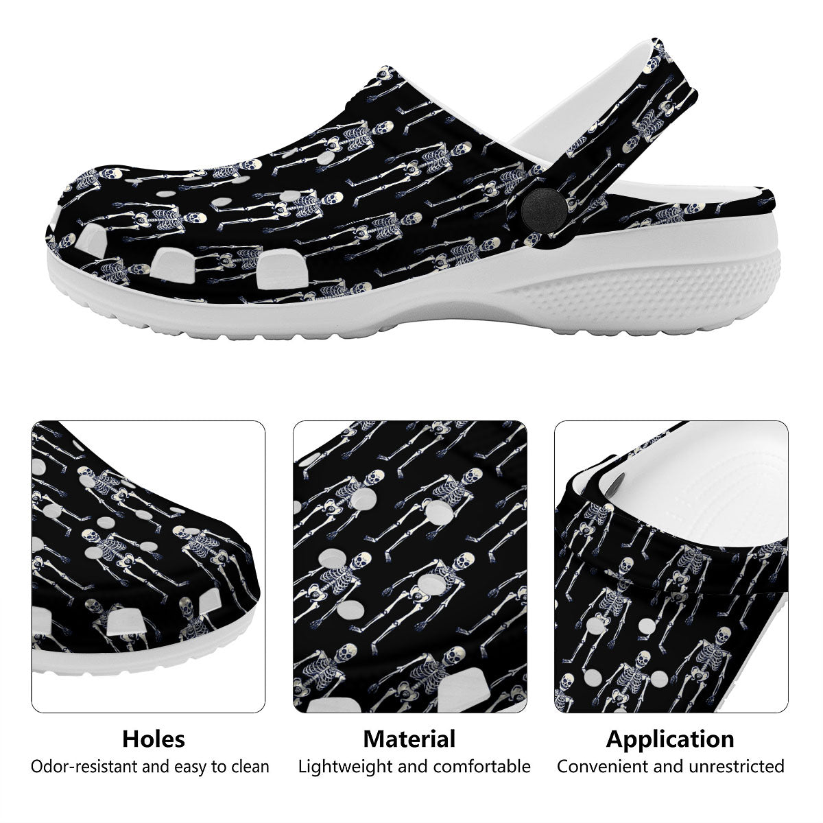 White Skeleton And Black Print Pattern Clog-grizzshop