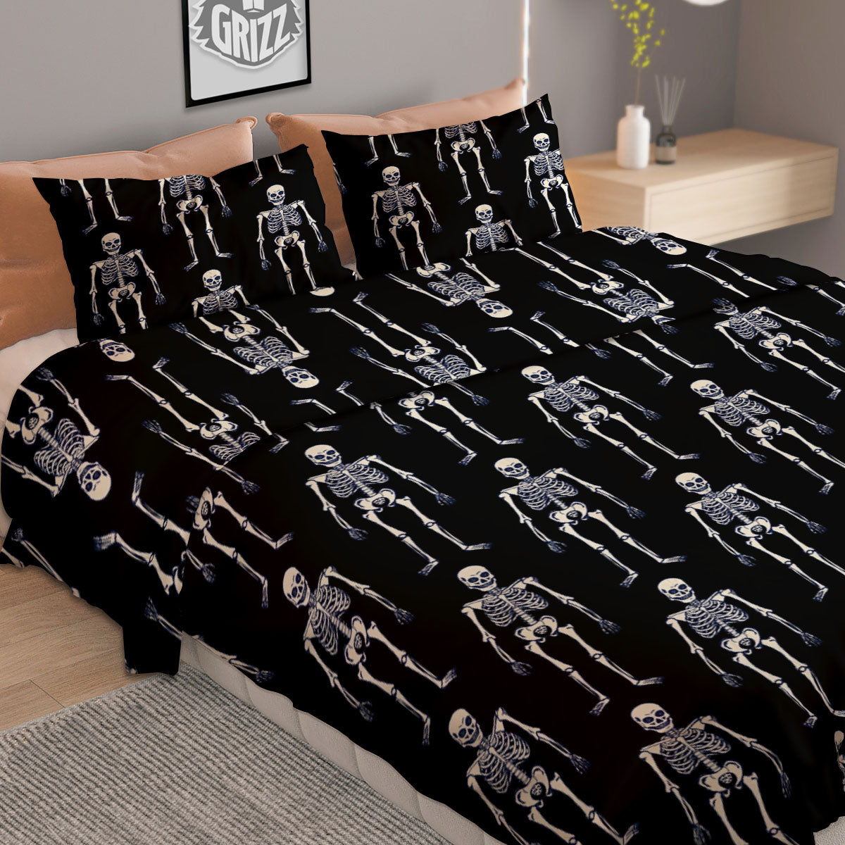 White Skeleton And Black Print Pattern Duvet Cover Bedding Set