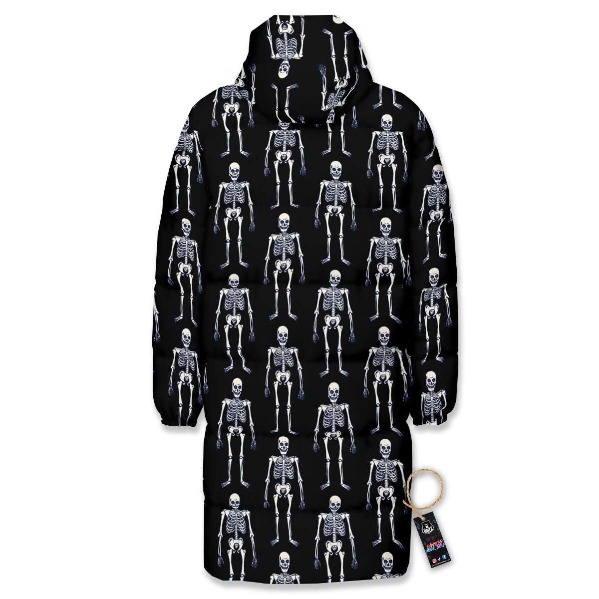 White Skeleton And Black Print Pattern Long Down Jacket-grizzshop