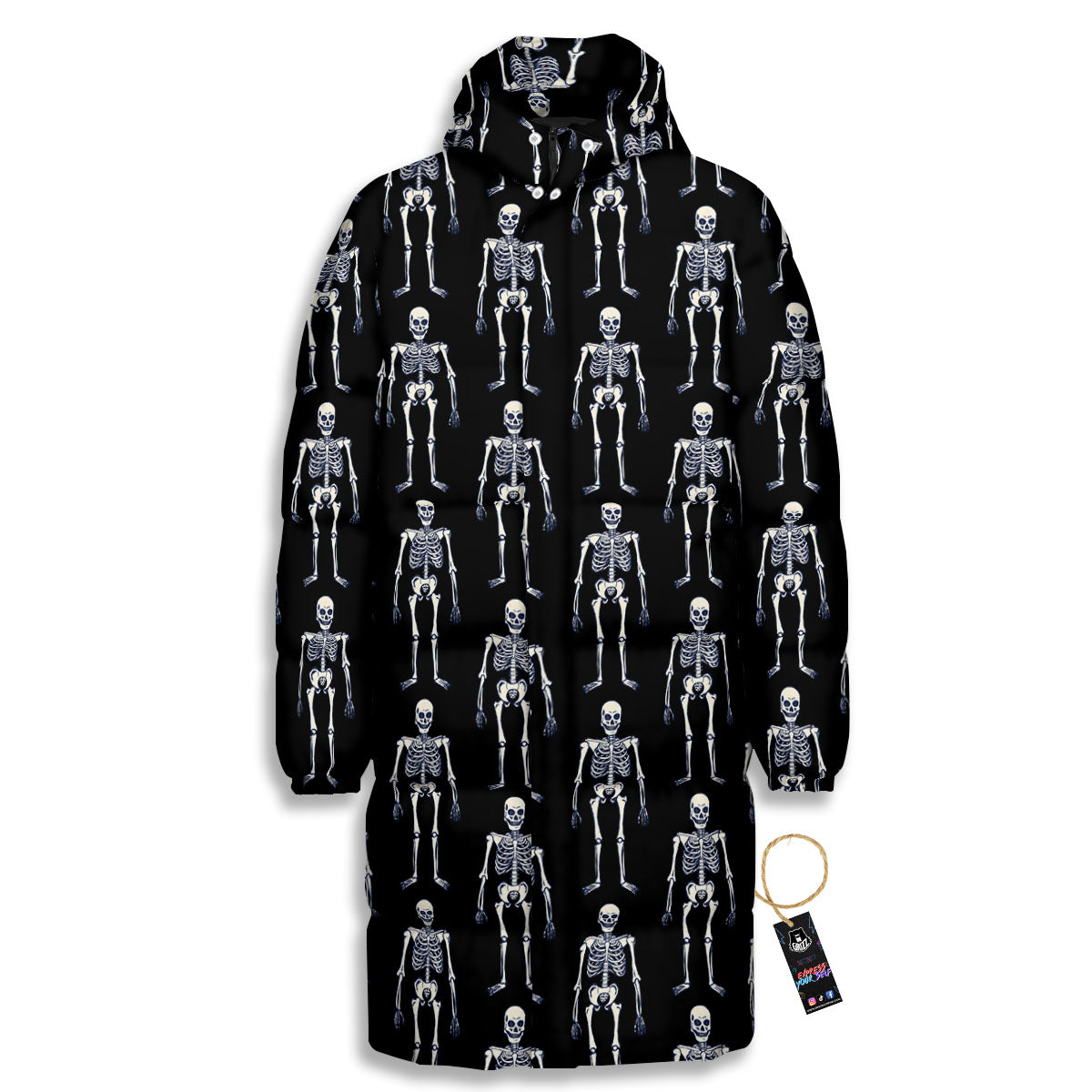 White Skeleton And Black Print Pattern Long Down Jacket-grizzshop