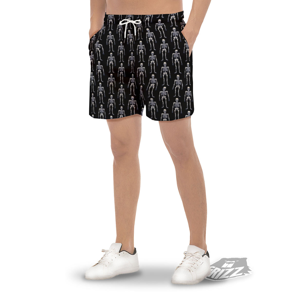 White Skeleton And Black Print Pattern Men's Gym Shorts-grizzshop