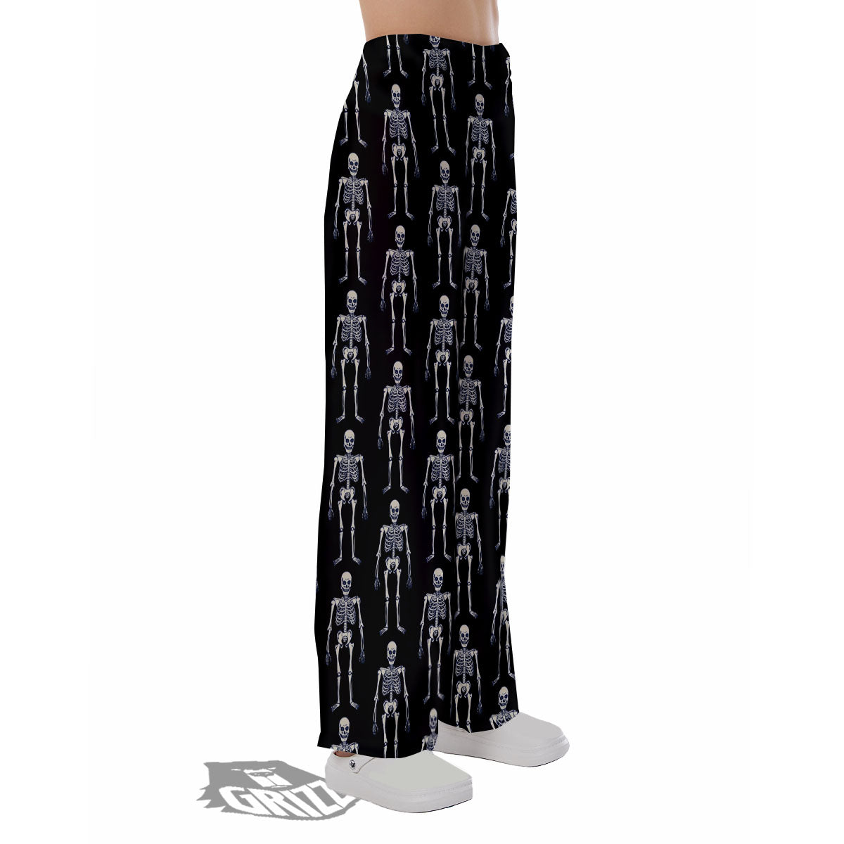 White Skeleton And Black Print Pattern Pajama Pants-grizzshop