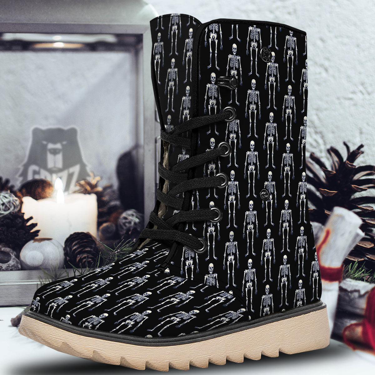 White Skeleton And Black Print Pattern Snow Boots-grizzshop