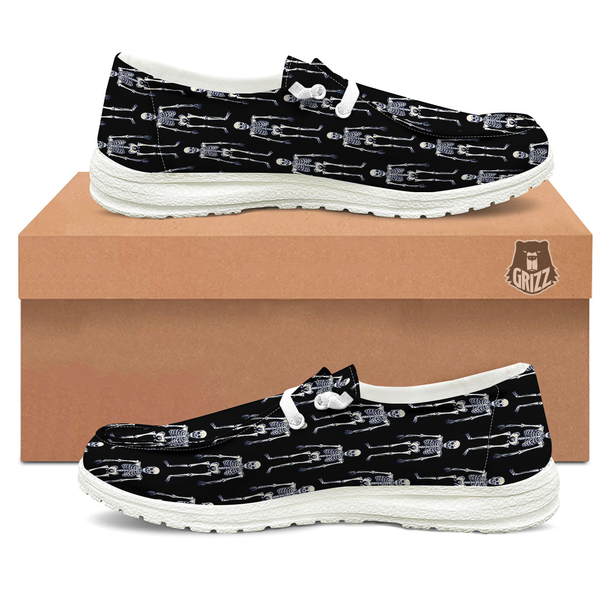 White Skeleton And Black Print Pattern White Loafers-grizzshop