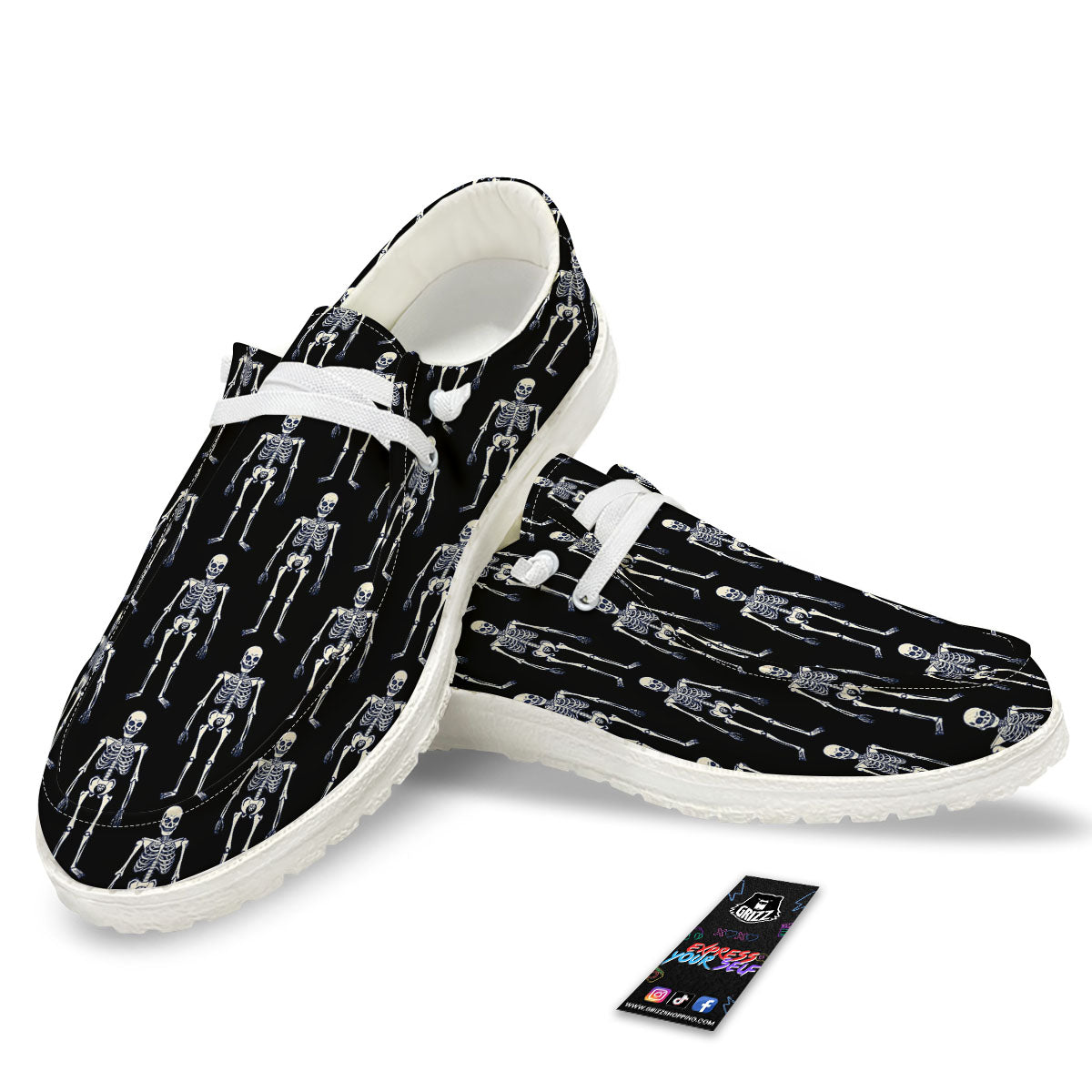 White Skeleton And Black Print Pattern White Loafers-grizzshop