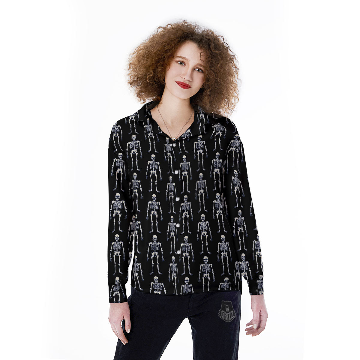 White Skeleton And Black Print Pattern Women's Long Sleeve Shirts-grizzshop