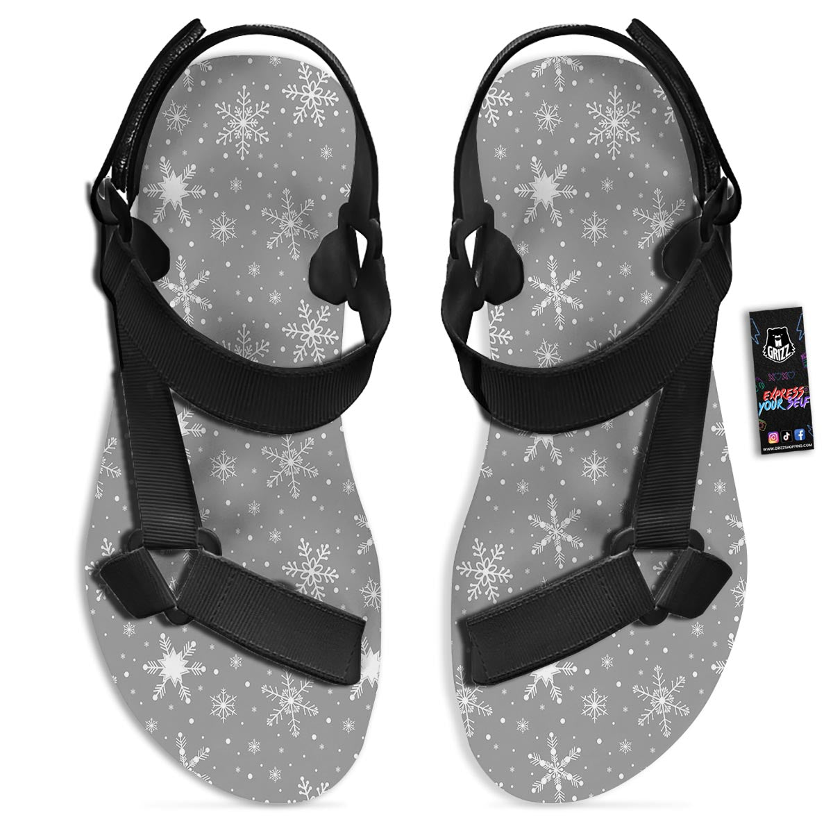White Snowflake And Silver Print Pattern Black Open Toe Sandals-grizzshop