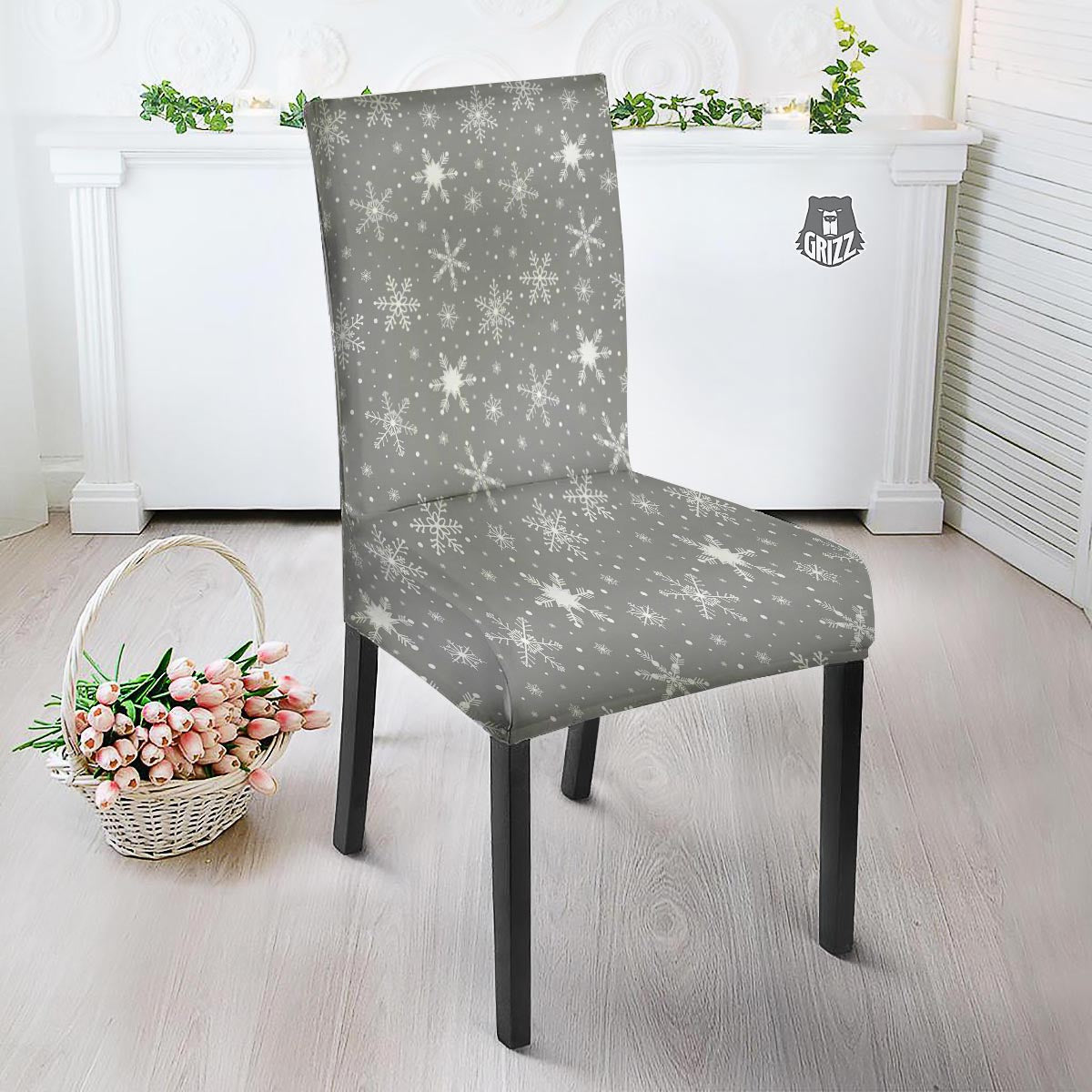 White Snowflake And Silver Print Pattern Dining Chair Slipcover-grizzshop